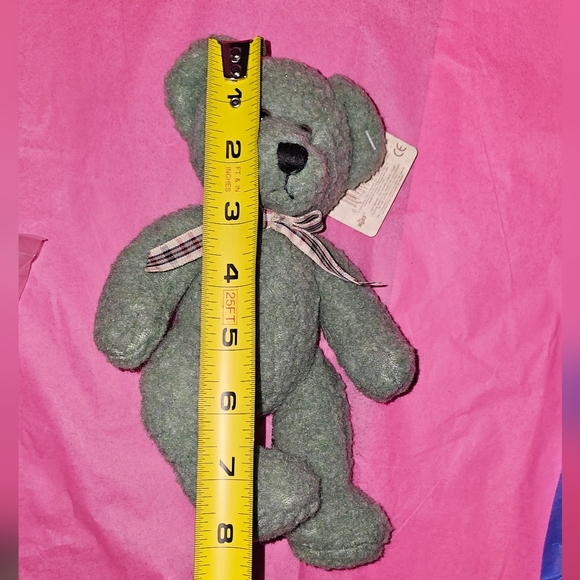 VINTAGE RUSS BERRIE " FRIZZLIN"  BLUE/GREEN BEAR WITH GINGHAM BOW PLUSH ANIMAL - Picture 5 of 9